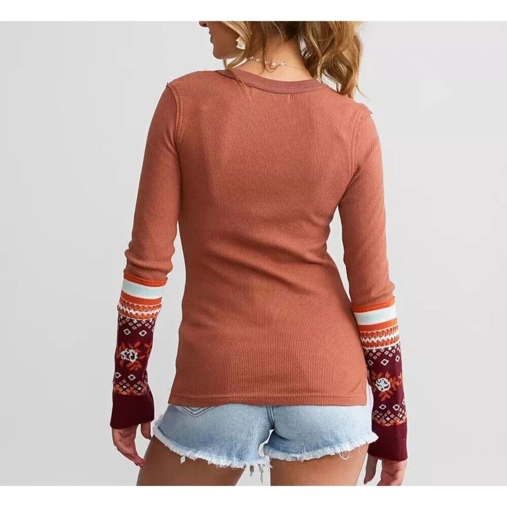 Free People Mikah Notch Neck Top Thermal Fair Isle Sleeves Autumn Combo XS‎ NWT